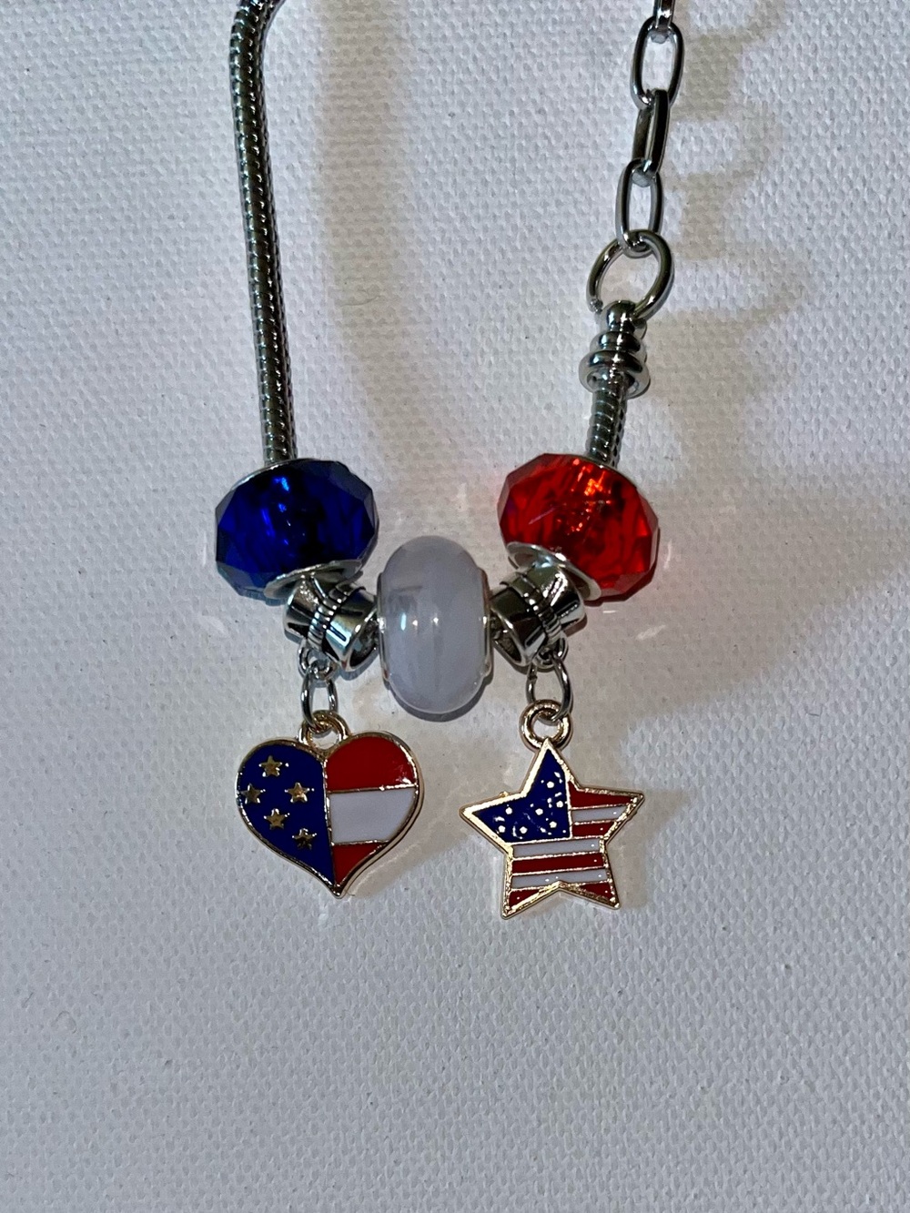 Silver Snake Chain Patriotic Red/White/Blue Charm Bracelet w/Star & Heart Charms